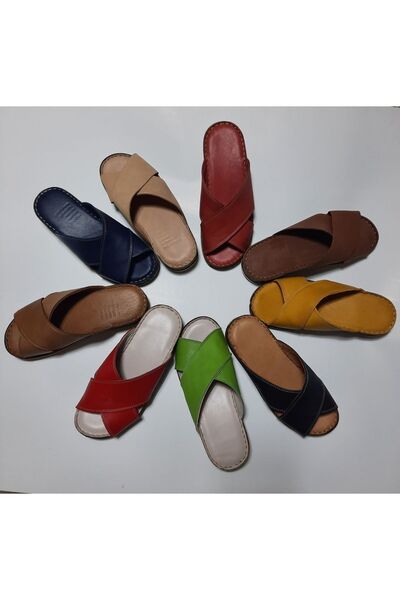 KAPAR Синій колір 100% натуральна шкіра Зручні широкі капці - Зшиті поперечні ремінці