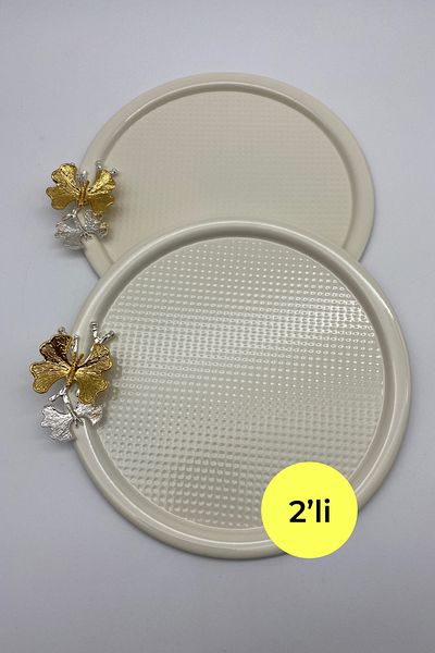 Fiyakalı Ürünler Atölyesi Round Cream Heart Set of 2 - Tea and Coffee Presentation Tray, Single Decorative Serving Tray 22cm