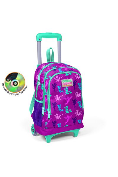 Coral Dark Pink, Water Green Fairy Patterned School Backpack for Kids - Three Compartments and Squeegee 23129