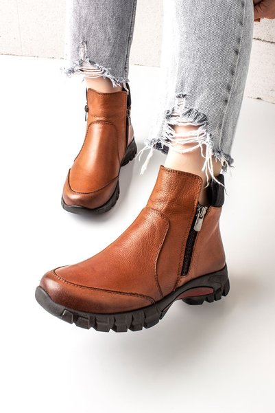 MY DERİ Floriy Women's Genuine Leather Orotpedic Zippered Boots 1640