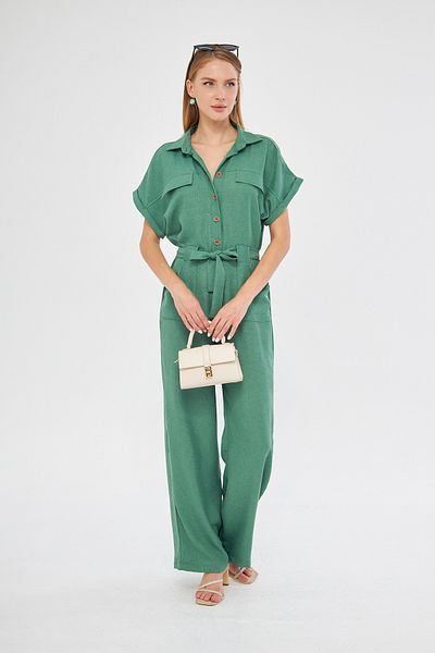 armonika Dark Green Palazzo Jumpsuit - Buttoned Front, Belted Waist, Pocket, Bat Sleeve ARM-24Y 001105