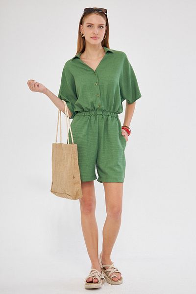 armonika Green Shirt Collar Short Jumpsuit - Pockets, Women's, Arm-24y 001113