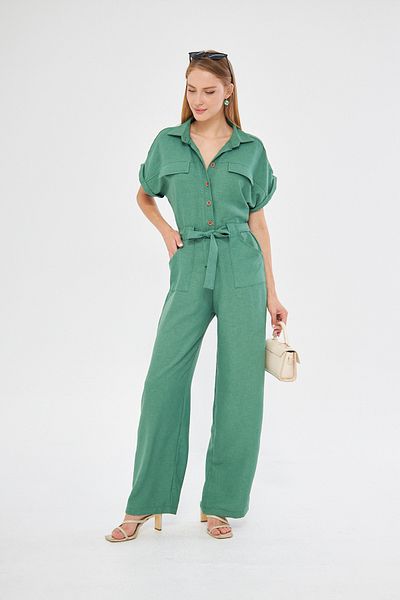 armonika Dark Green Palazzo Jumpsuit - Buttoned Front, Belted Waist, Pocket, Bat Sleeve ARM-24Y 001105