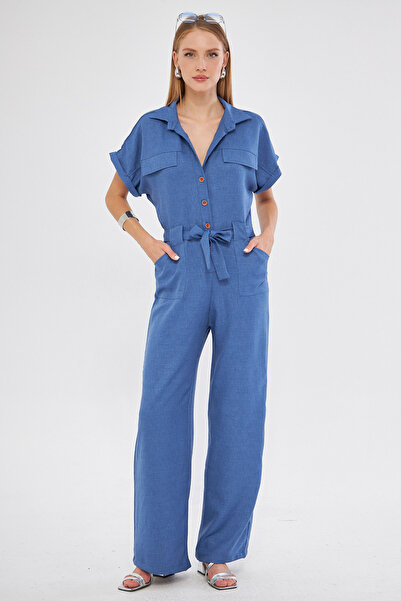 armonika Salopetă Palazzo albastru închis - mânecă liliac cu nasturi în față și buzunare cu curea ARM-24Y 001105