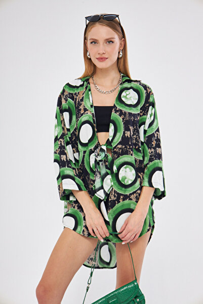 armonika Pistachio Green Patterned Women's Kimono Shirt - Front Tie ARM-24Y 0...