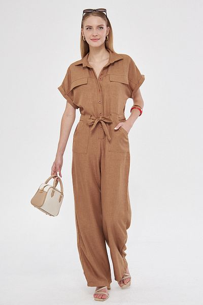 armonika Tan ColoreD Women's Palazzo Jumpsuit - Front Button, Waist Belt anD Pocket, Bat Sleeve ARM-24Y 001105