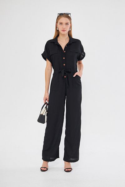 armonika Black Palazzo Jumpsuit - Front Button, BelteD Pocket, Bat Sleeve ARM-24Y 001105