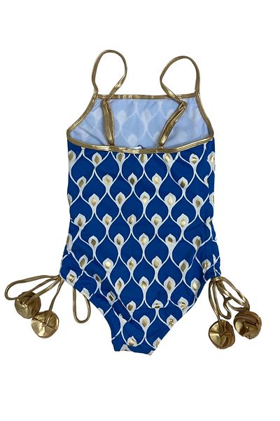 LOOK ME Costum de baie Nessi Byrd cu bretele albastre 50uv - model Ikat, detaliu auriu și șireturi