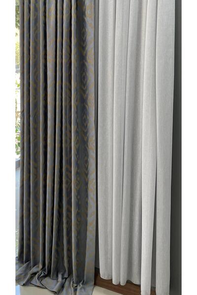 MÇ HOME Hazır Dikilmiş Mavi Desenli Polyester Kumaş Fon Perde