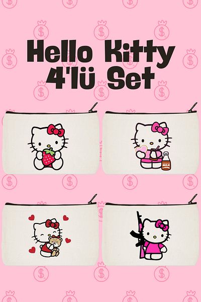 designedfy Geantă de machiaj, suport pentru stilouri, portofel cu imprimeu Hello Kitty Campaign din 4 piese