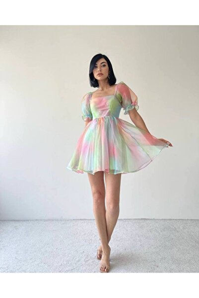 SONREİR KARE YAKA KISA BALON KOL GÖKKUŞAĞI RENGİ MİNİ ELBİSE