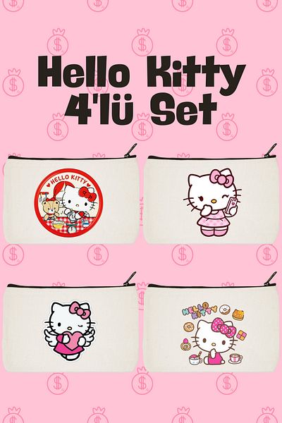 designedfy Hello Kitty Set 2 Geantă de machiaj imprimată cu 4 piese, suport pentru stilouri, portofel