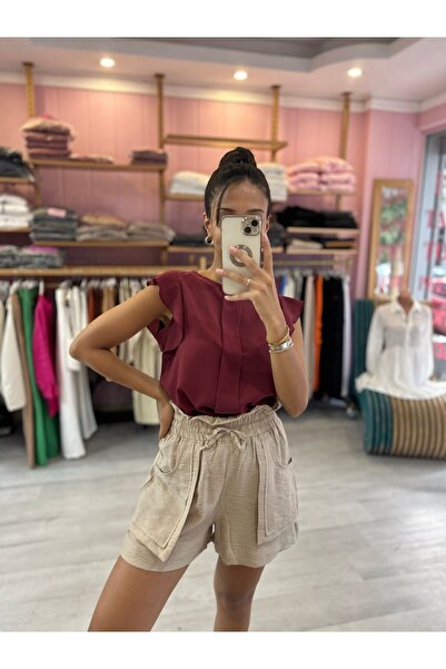 GLAMIFY FASHION Yuvarlak Yaka Fırfırlı Kısa Kol Önü Bloklu Rahat Kesim Düğme ...