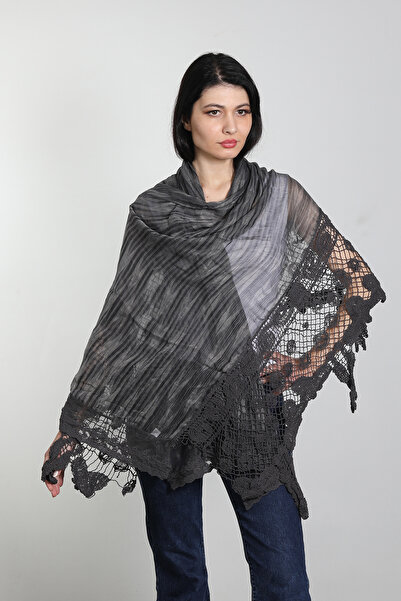 Mystic Antrasit Pamuk Ipek El İşi Dantel Şal