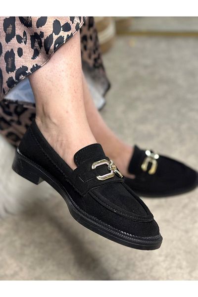 İmerShoes Mocasini de dama din piele intoarsa neagra - Mocasini cu model clasic, catarama, varf oval 120