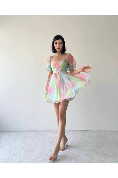 SONREİR KARE YAKA KISA BALON KOL GÖKKUŞAĞI RENGİ MİNİ ELBİSE