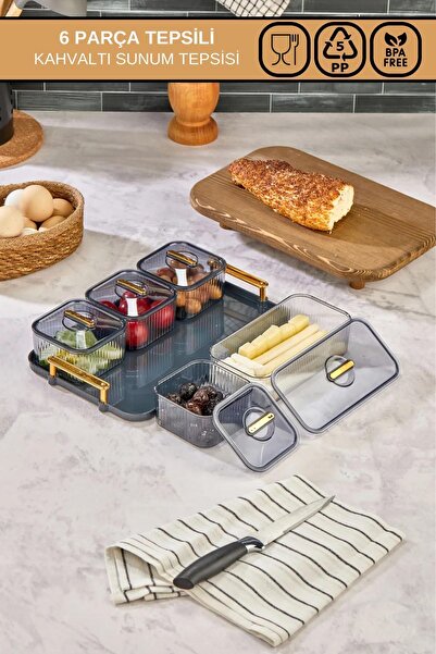 Poomy صينية تقديم الإفطار مكونة من 6 قطع مع صينية ملونة - ذهبي-أنثراسايت