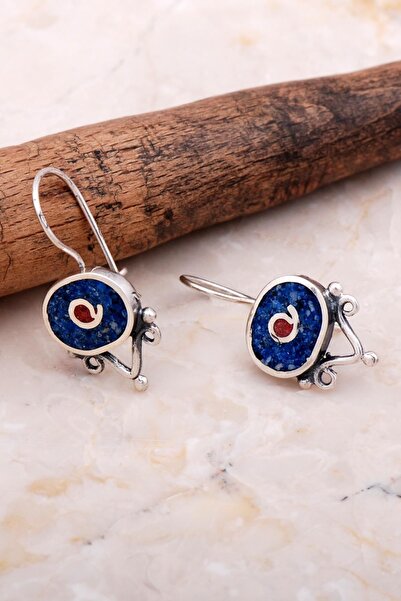 Sümer Telkari Antik Mozaik Işlemeli Lapis Lazuli Taşlı Gümüş Küpe 6078