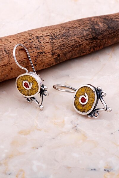 Sümer Telkari Antik Mozaik Işlemeli Sarı Kuvars Taşlı Gümüş Küpe 6077