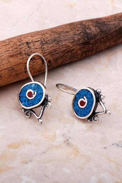 Sümer Telkari Antik Mozaik Işlemeli Turkuaz Taşlı Gümüş Küpe 6076