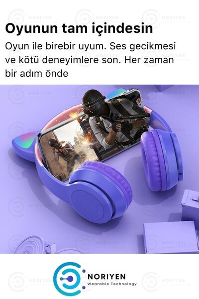 Noriyen Kedi Kulaklı Kız Çocuk İçin Işıklı Mikrofonlu Kablosuz Katlanabilir Bluetooth Kedili Kulaklık Mor