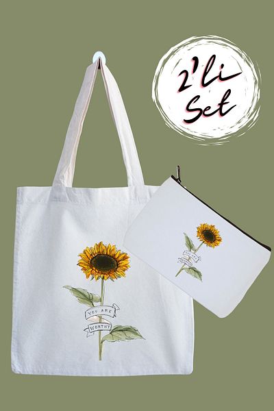 designedfy Sunflower Patterned Cloth Bag and Pen Holder Set