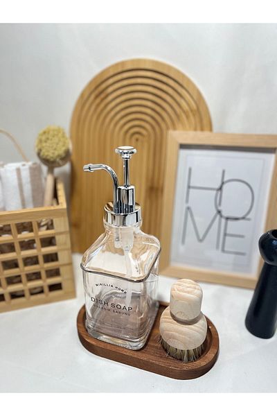 Mirilliahome Σετ δοσομετρητή υγρού σαπουνιού 3 τεμαχίων με ξύλινη βάση - αντλία γυαλιού