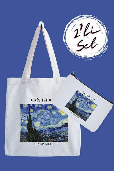 designedfy Van Gogh Starry Night Patterned - Cloth Bag and Pen Holder Set