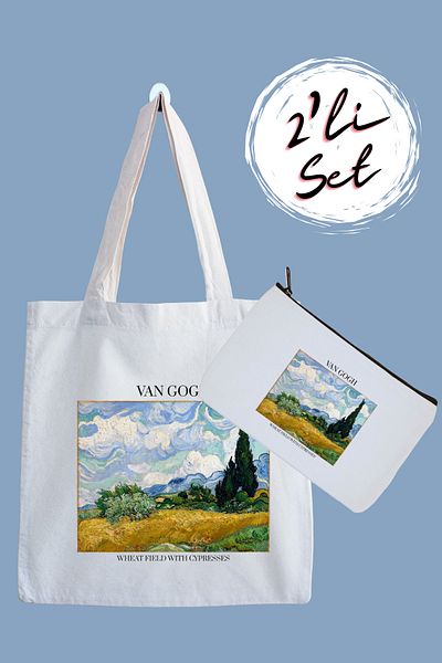 designedfy Van Gogh Wheat Field Patterned Cloth Bag and Pen Holder Set