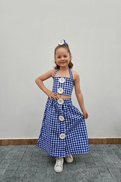 Linda&Mila Kız Çocuk Mavi Pötikare Büyük Düğme Detaylı Crop-top Etek Elbise Takımı