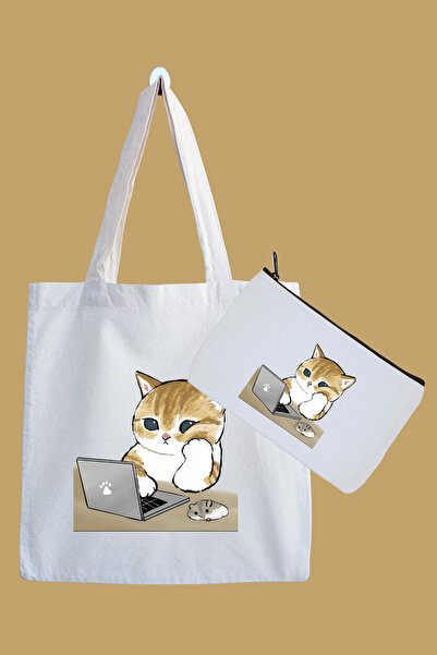 designedfy Geantă din pânză imprimată Computer Guy Cat și set de stilouri