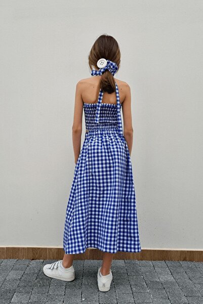 Linda&Mila Kız Çocuk Mavi Pötikare Büyük Düğme Detaylı Crop-top Etek Elbise Takımı