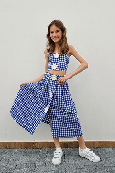 Linda&Mila Kız Çocuk Mavi Pötikare Büyük Düğme Detaylı Crop-top Etek Elbise Takımı