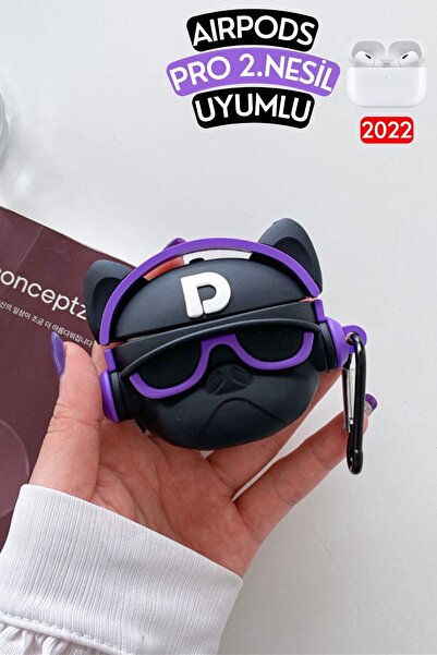 EWEC Pro 2. Nesil Uyumlu Mor Gözlük Hiphop Fransız Bulldog Figürlü Sevimli Kopçalı Kulaklık Kılıfı