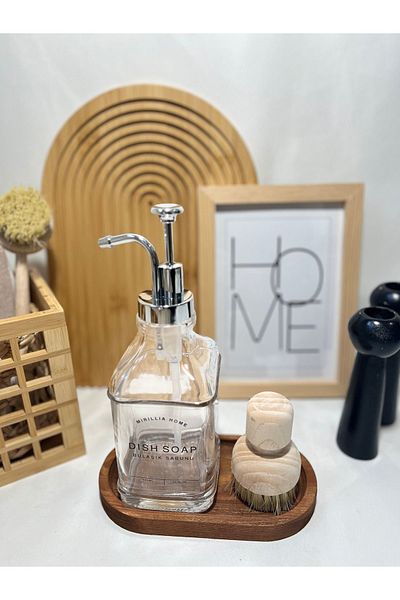 Mirilliahome Σετ δοσομετρητή υγρού σαπουνιού 3 τεμαχίων με ξύλινη βάση - αντλία γυαλιού