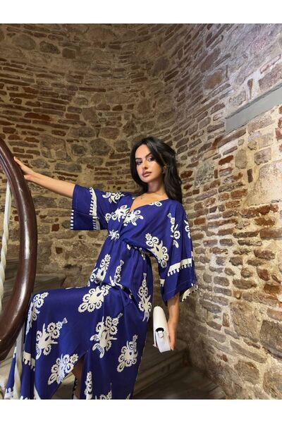 Lusin Μακρύ γυναικείο καλοκαιρινό φόρεμα με διπλό γιακά με σκίσιμο μπλε Navy