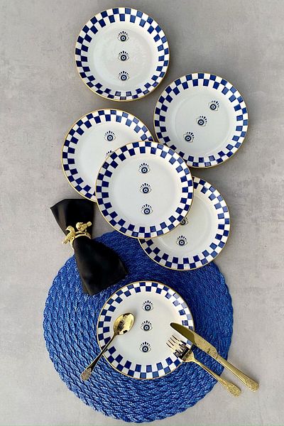 porselenden Evil Eye Bead Gold Gilded 6 Person Porcelain 19 Cm Cake Set with Gold Detail