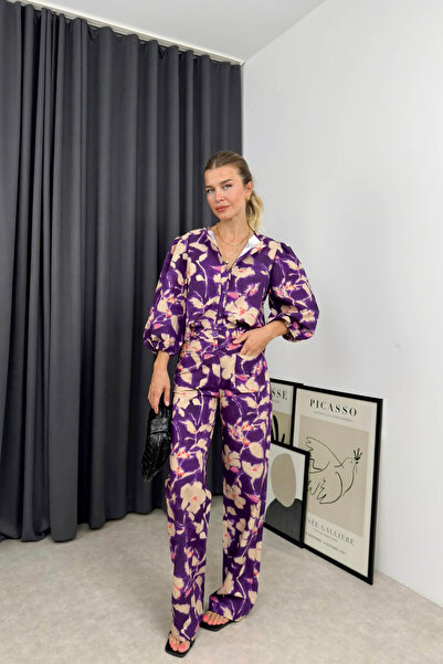 Sue Store Lila Çiçekli Balon Kol Premium Takım