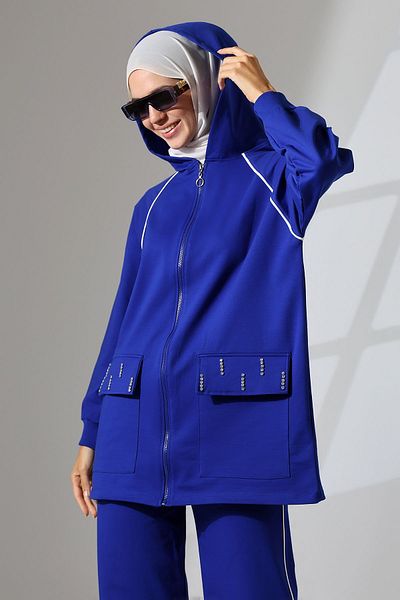 Mihran Butik Saks Blue Γυναικείο Hijab - Αθλητικό και άνετο χτενισμένο βαμβακερό σετ