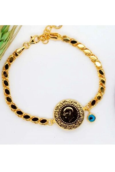 dost altın Çeyrek Altınlı Pullu Zincirli Boncuk Detaylı Altın Bileklik