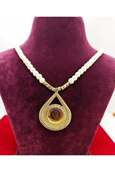 dost altın 22 Ayar Çeyrek Altın, Altın Kaplama Çerçeveli Ve Inci Kolye