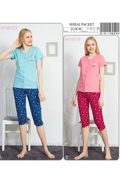 VİENETTA Set pijamale pentru femei albastru bleumarin - decolteu, model cu nasturi, capri cu maneca scurta