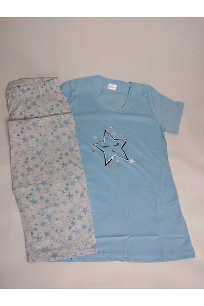 VİENETTA Set de pijamale pentru femei cu decolteu rotund cu model Blue Star - mâneci scurte, capri din bumbac