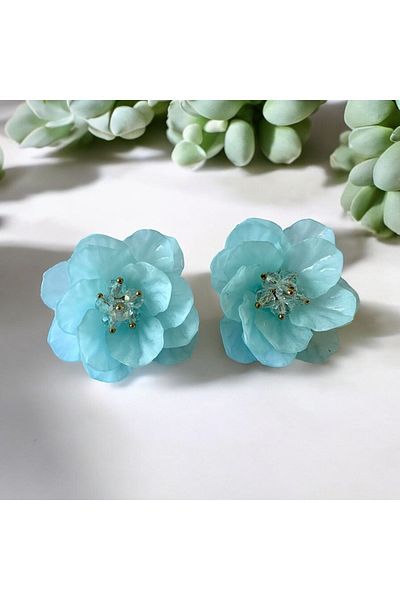 alsaccessories Women's Light Blue Color Acrylic Leaf Model Medium Beaded Stylish Earrings