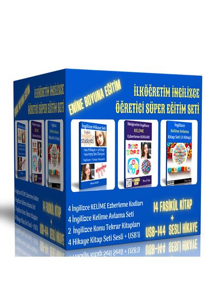 Enine Boyuna Eğitim مجموعة التدريب الابتدائية الفائقة - تدريس اللغة الإنجليزية، 14 كتابًا و144 قصة USB