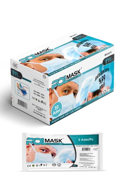 PolMask 3 Kat Koruma Meltblown 'lu Maske 5 'li Steril Paketli 50 Adet