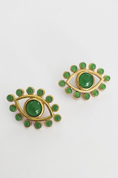 New Obsessions Artisan 18k Altın Kaplama Yeşim Taşlı Göz Küpe