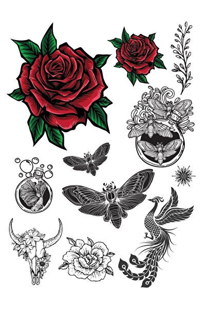 New Obsessions Kırmızı Gül Ve Arı Desenler Geçici Dövme