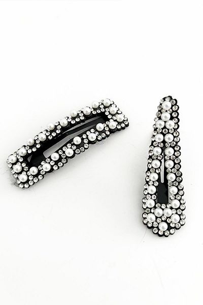 New Obsessions Асиметрични мини дамски топчета с катарама отстрани с перли и камъни, комплект от 2