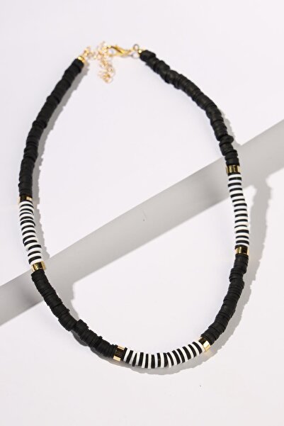 New Obsessions Siyah Beyaz Altın Kaplama Aralı Fimo Kolye